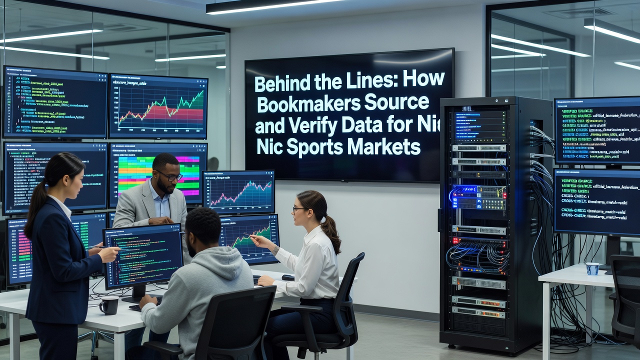 Bookmakers analyzing data feeds from various sports sources in a control room setting