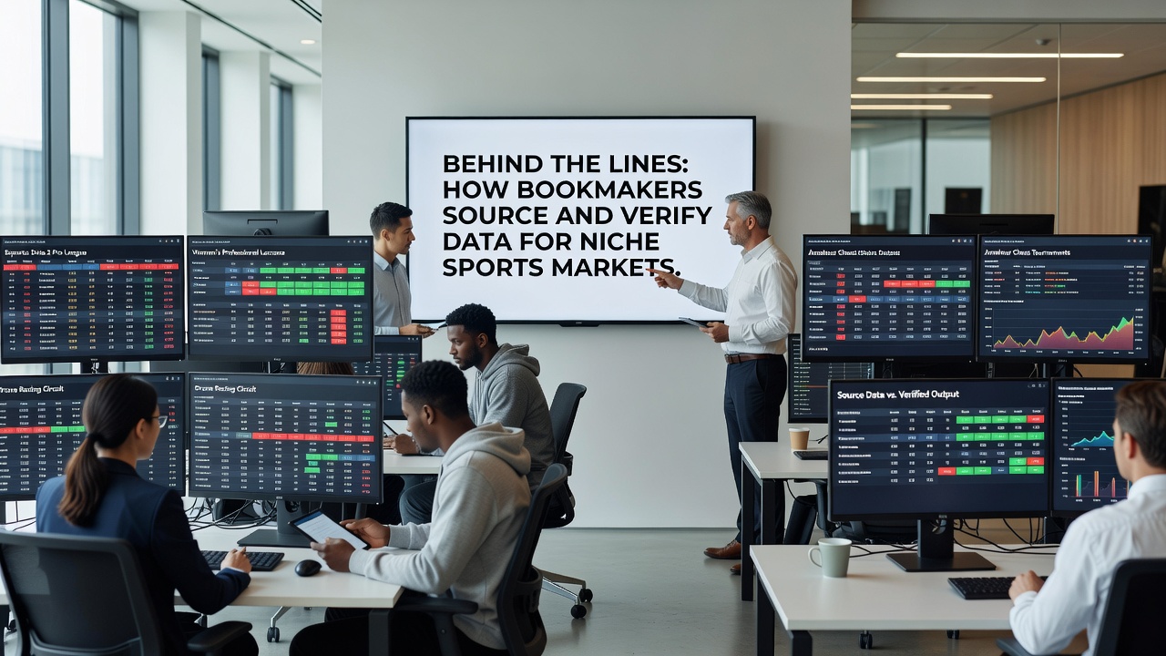 Analysts verifying sports statistics on multiple screens with data visualization tools