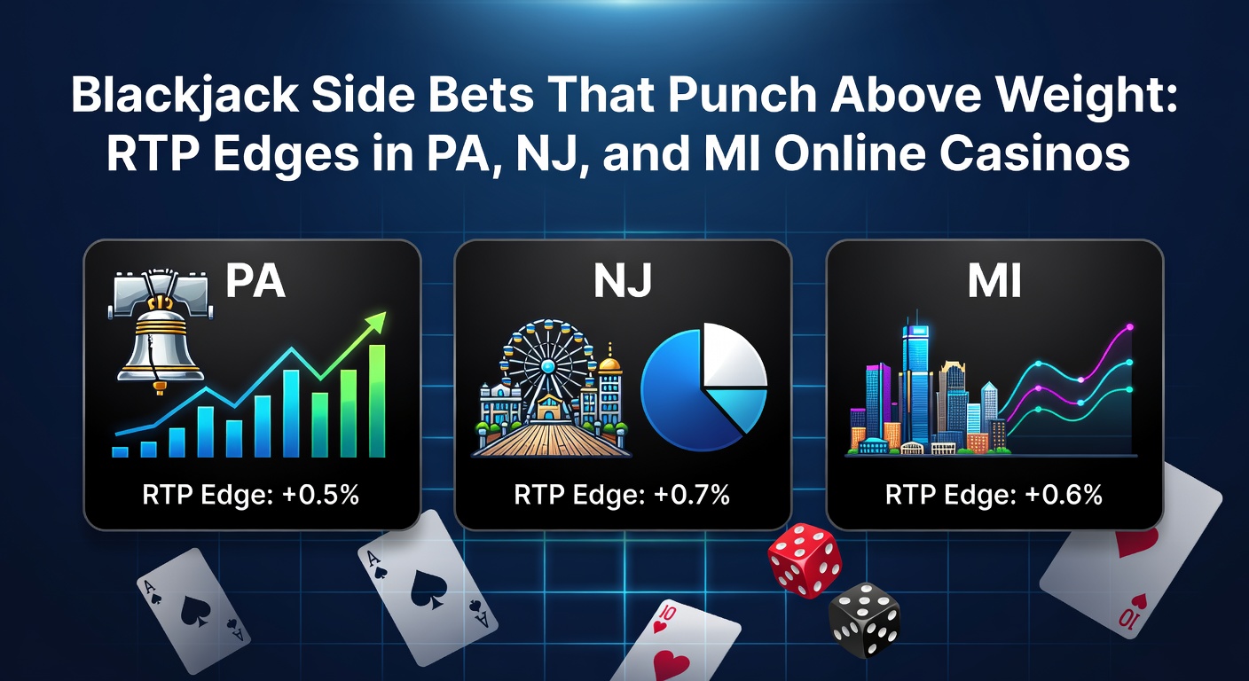 Digital blackjack table displaying side bet options like Perfect Pairs and 21+3 on a Pennsylvania online casino interface, highlighting RTP percentages