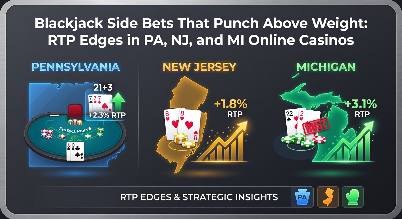 Close-up of a 21+3 side bet payout on a New Jersey online blackjack game, showing a flush win and highlighted RTP info panel