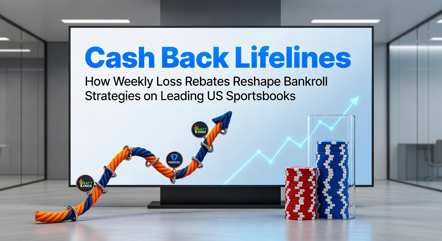 Graphic illustrating a weekly cash back rebate cycle, showing losses transforming into bonus credits on a sportsbook app