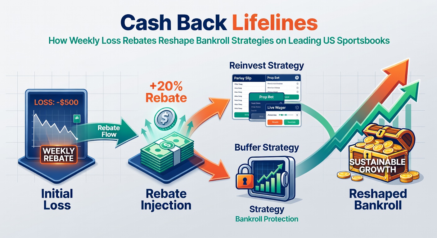 Chart comparing bankroll trajectories with and without weekly loss rebates over a 12-week period during sports seasons