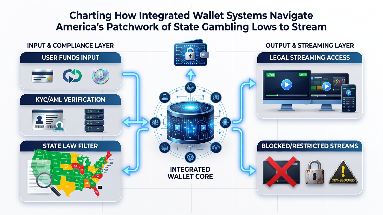 Flowchart illustrating wallet transaction routing across different U.S. state gambling jurisdictions