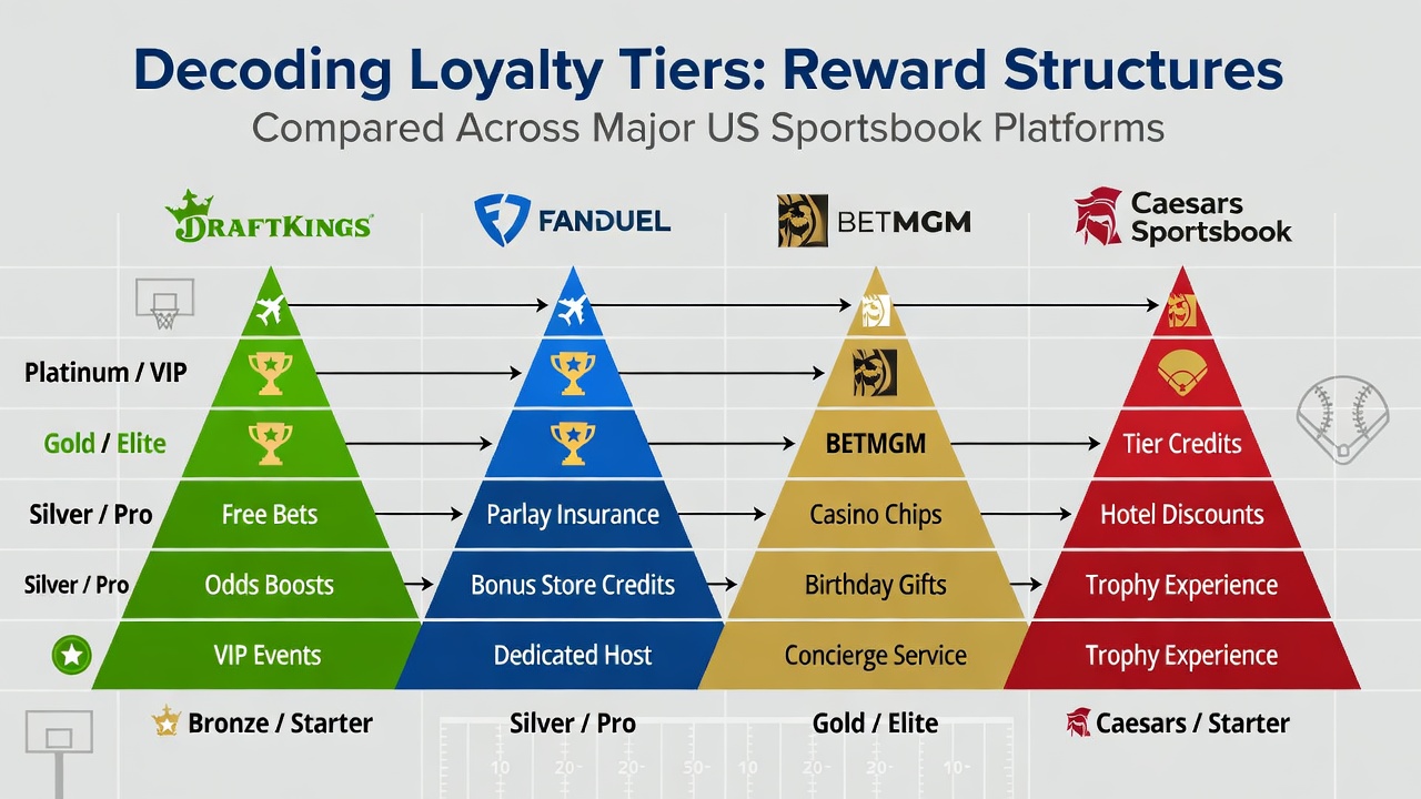 Comparison chart of loyalty tier benefits at leading US sportsbooks including DraftKings and FanDuel