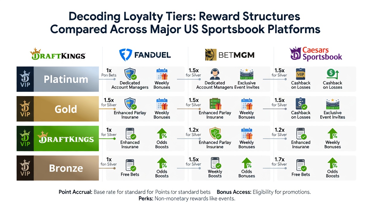 Infographic showing tier progression paths and cashback percentages at US sportsbooks in 2026