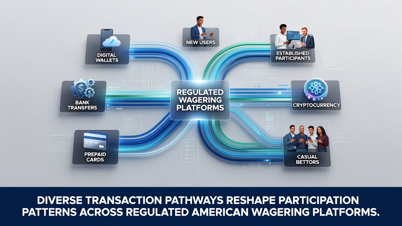 Infographic showing various payment methods used on US regulated betting platforms including bank transfers, digital wallets, and ACH options