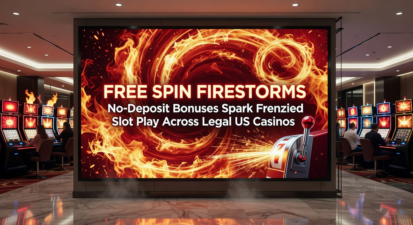 Casino dashboard displaying active no-deposit free spin bonuses on popular slot games, with player stats and state maps in the background