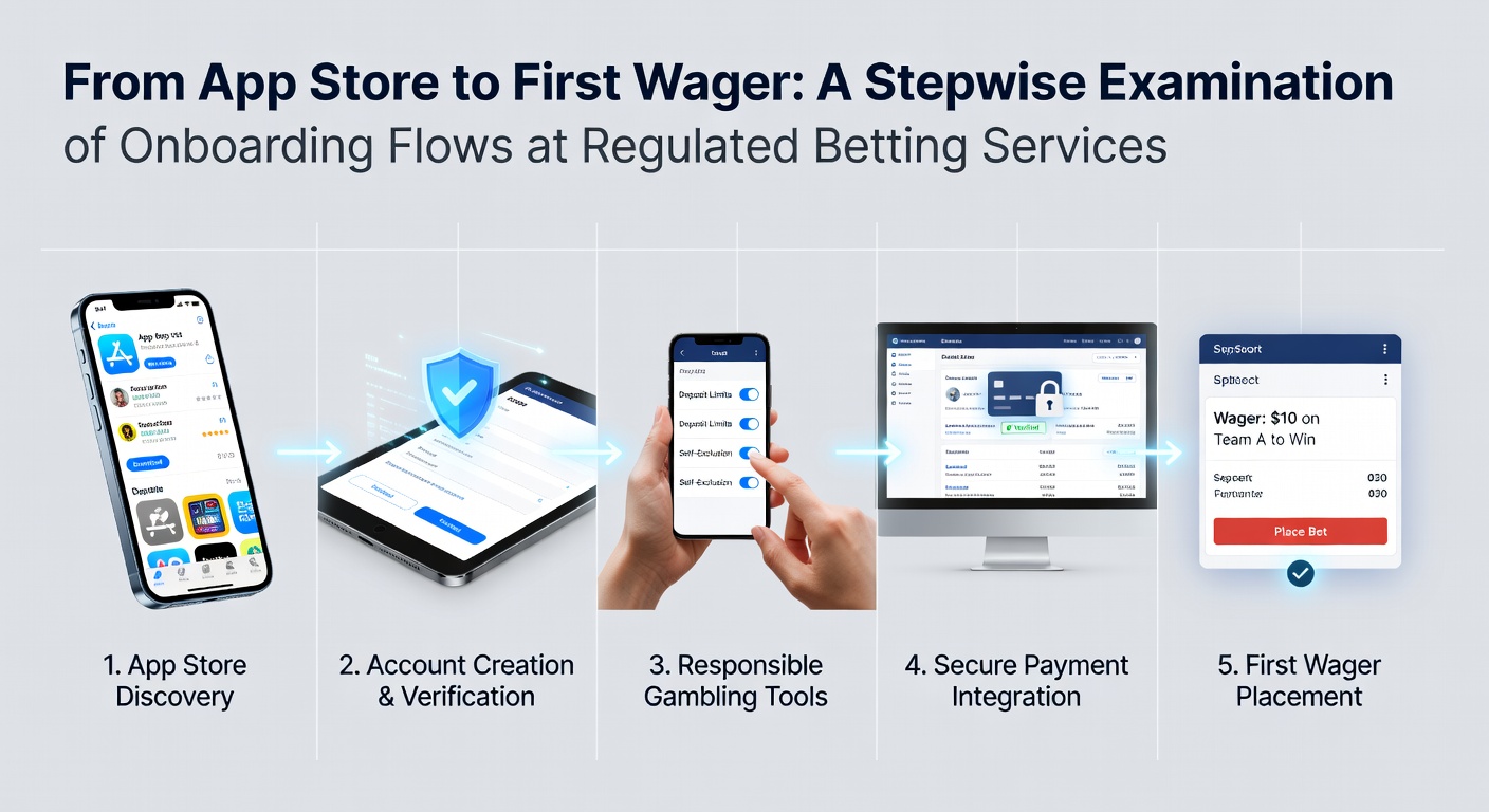 Stepwise view of a user navigating a regulated betting app from download through verification screens