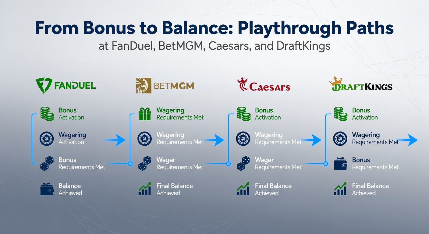 Comparison chart of playthrough requirements across FanDuel, BetMGM, Caesars, and DraftKings, showing rollover multipliers and eligible bet types
