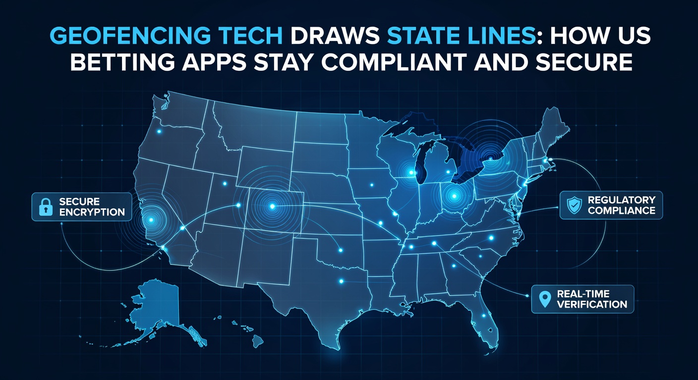 Digital map overlay showing geofencing boundaries around US states for betting app compliance