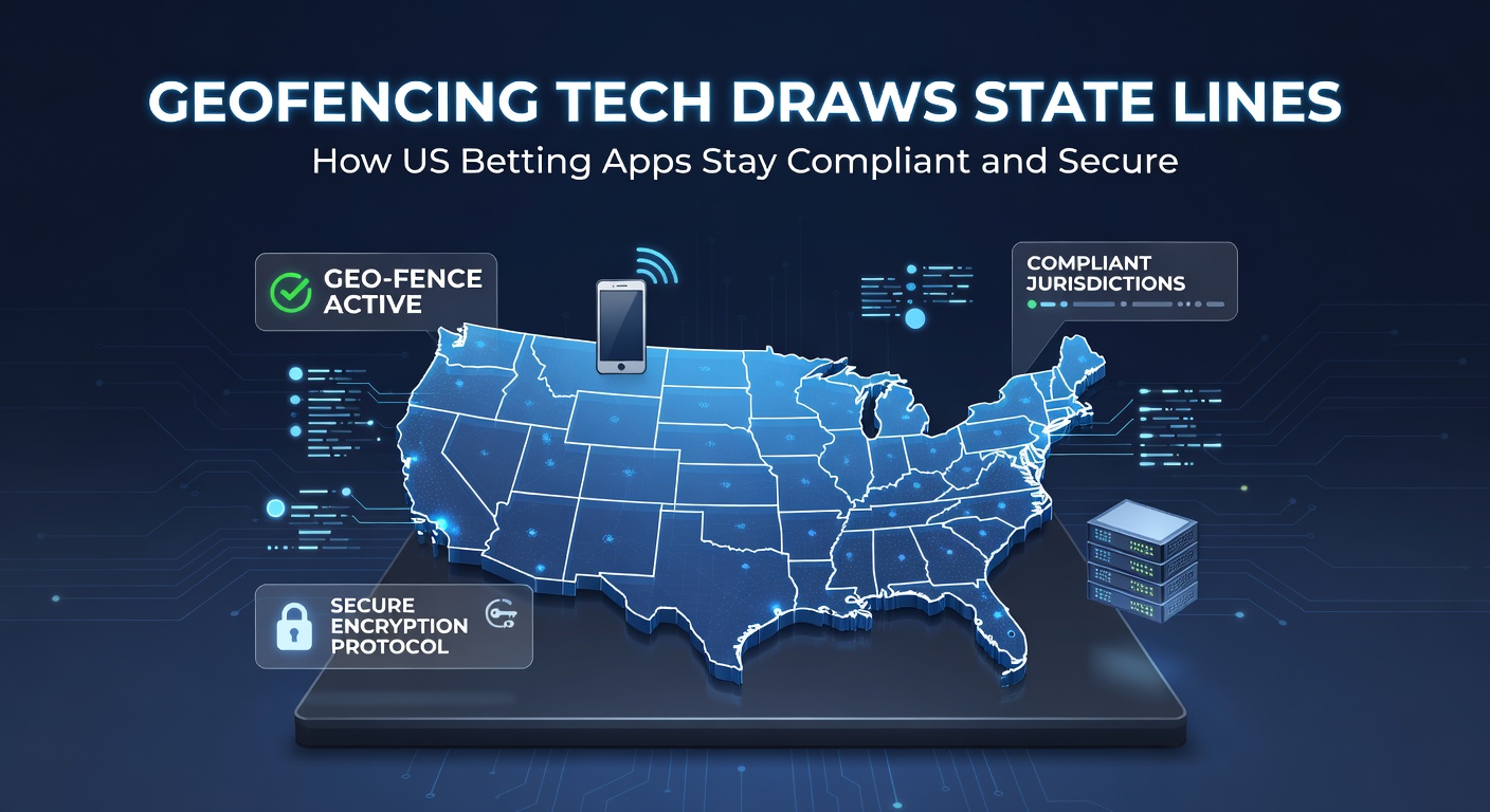 Close-up of smartphone app displaying geofencing alert and state boundary map for secure betting