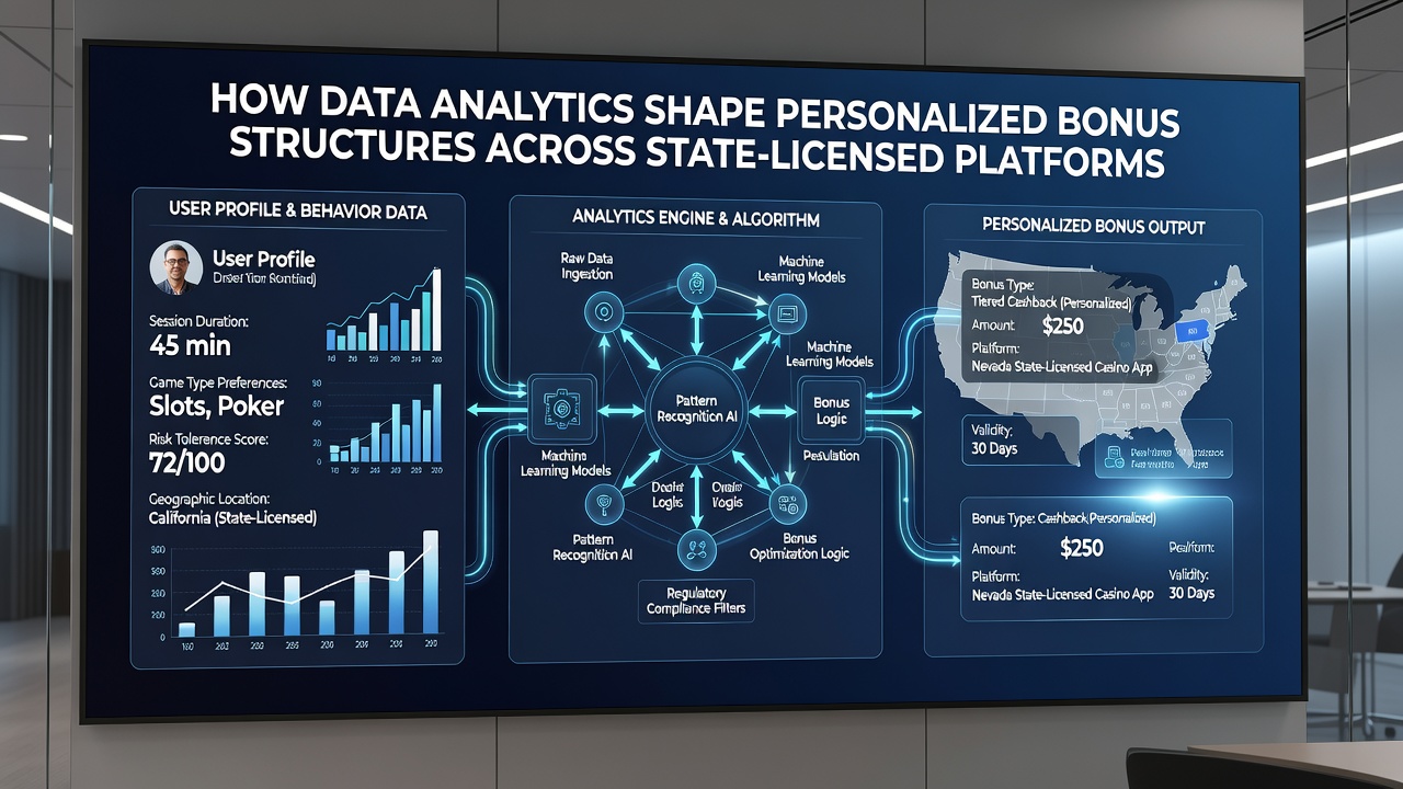 Analytics team reviewing player behavior graphs and personalized bonus performance reports