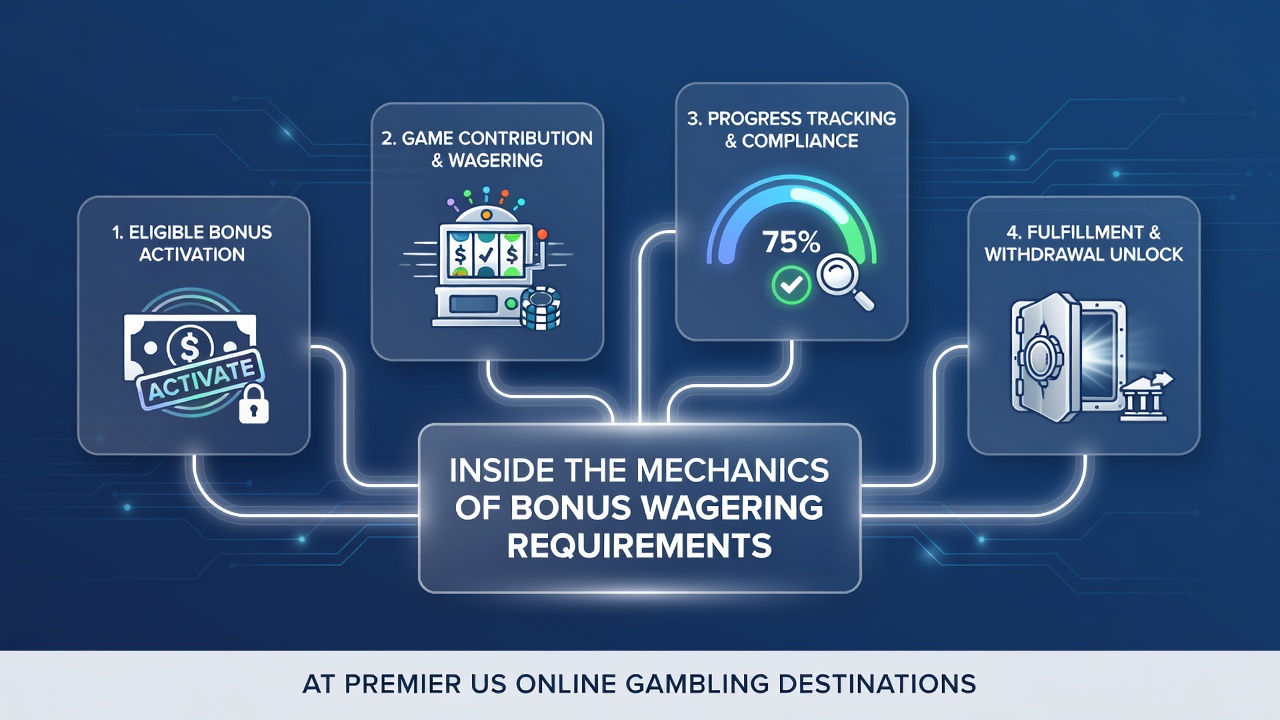 Detailed breakdown of wagering requirement examples including multiplier examples, time limits, and eligible game percentages on a US online casino dashboard