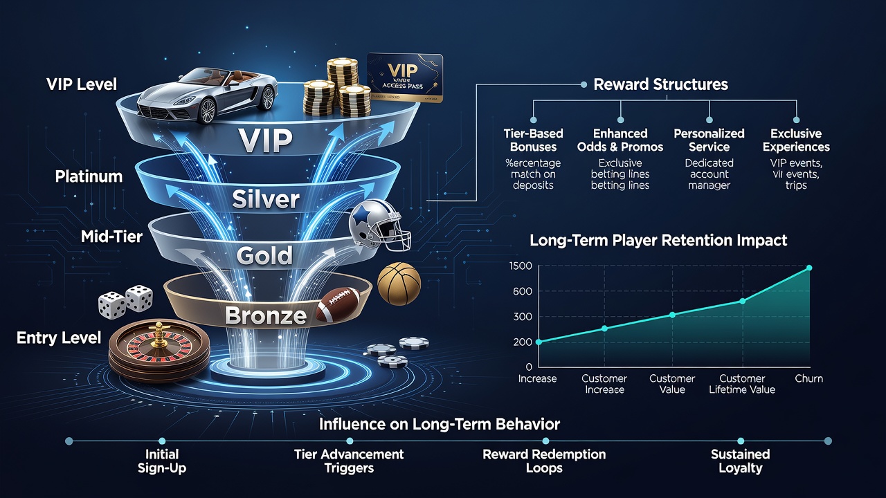 Infographic comparing player retention rates across loyalty tiers at major US sportsbooks with bar charts and percentage labels