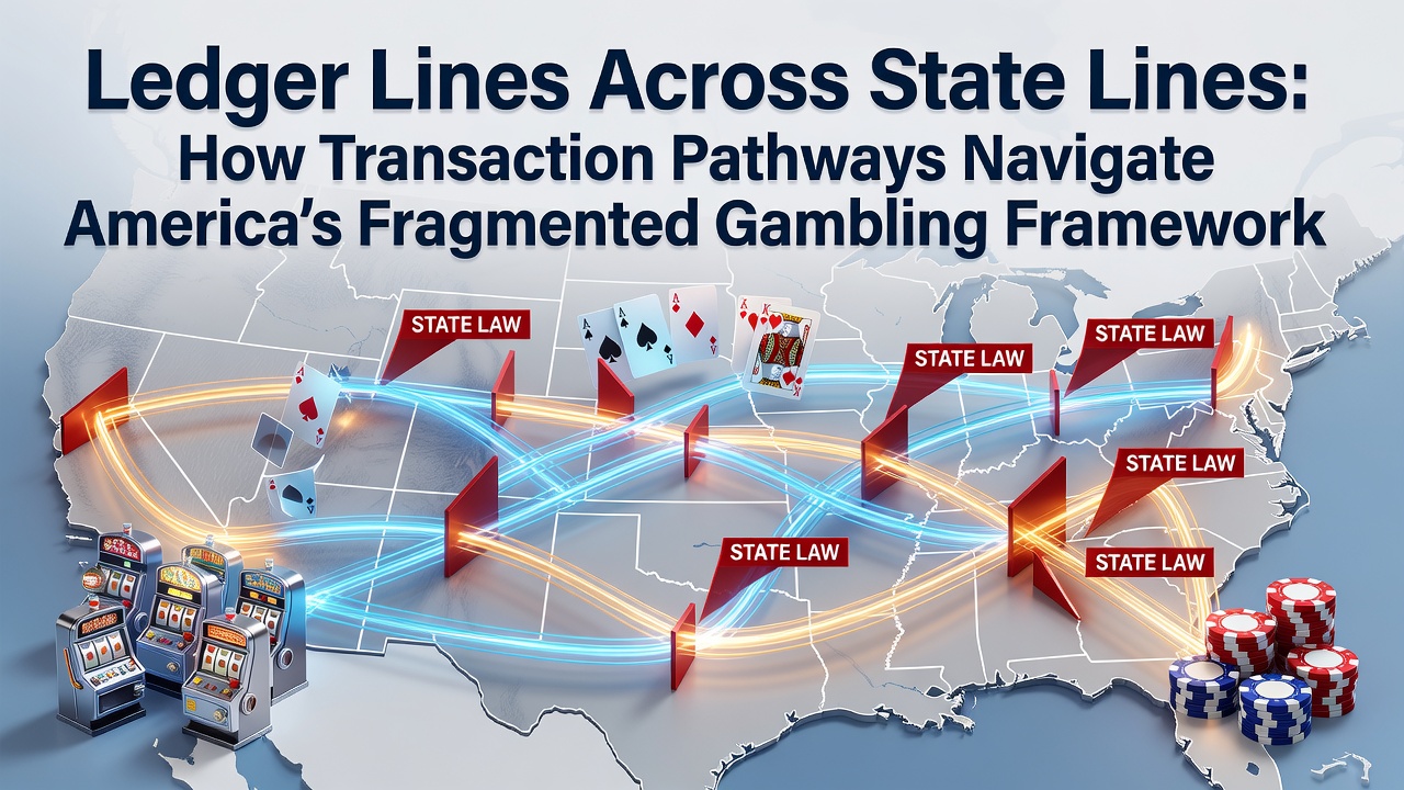 Map illustrating transaction pathways crossing multiple US state borders in the gambling sector