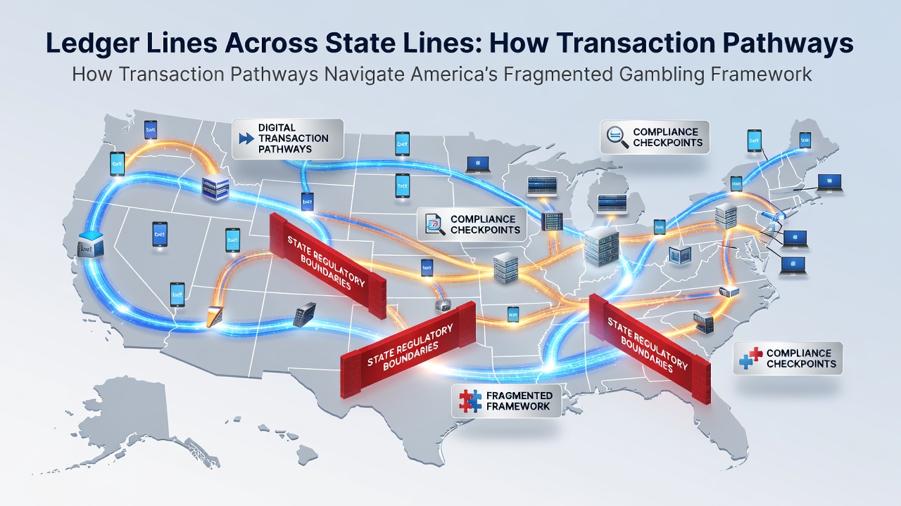 Illustration of secure digital ledger systems managing interstate gambling transactions