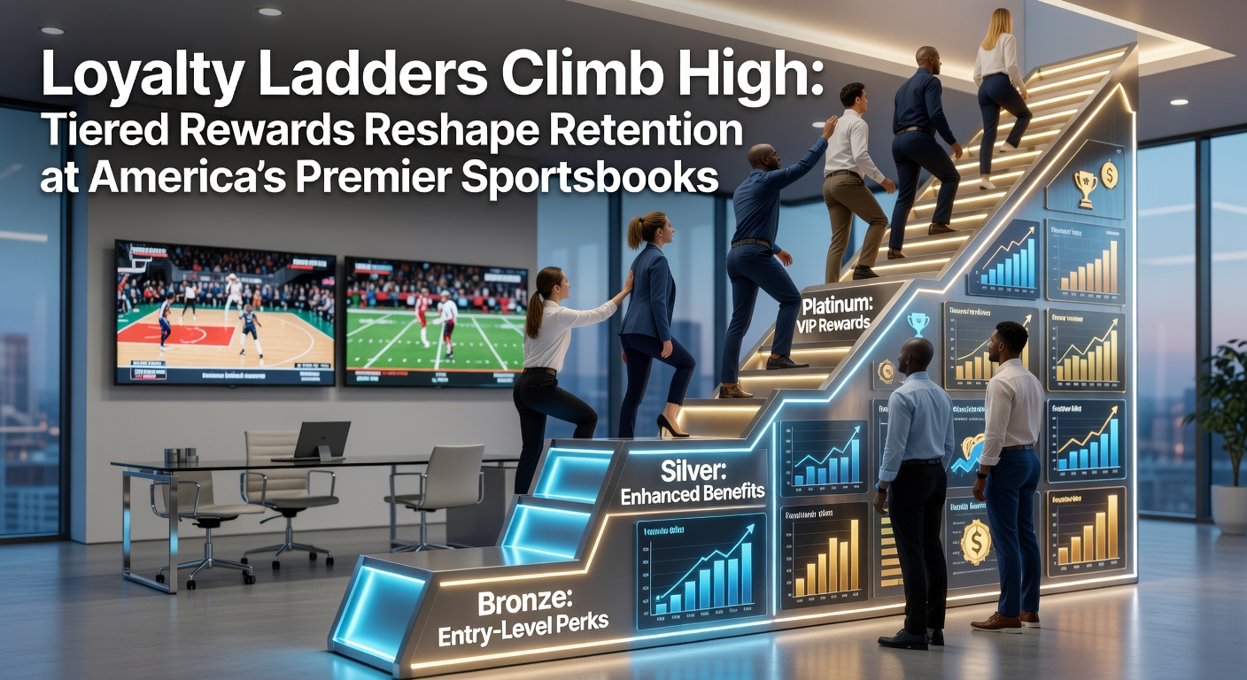 Graphic illustrating tiered loyalty ladders with ascending levels and rewards icons like cash bonuses, VIP access, and boosted odds at US sportsbooks