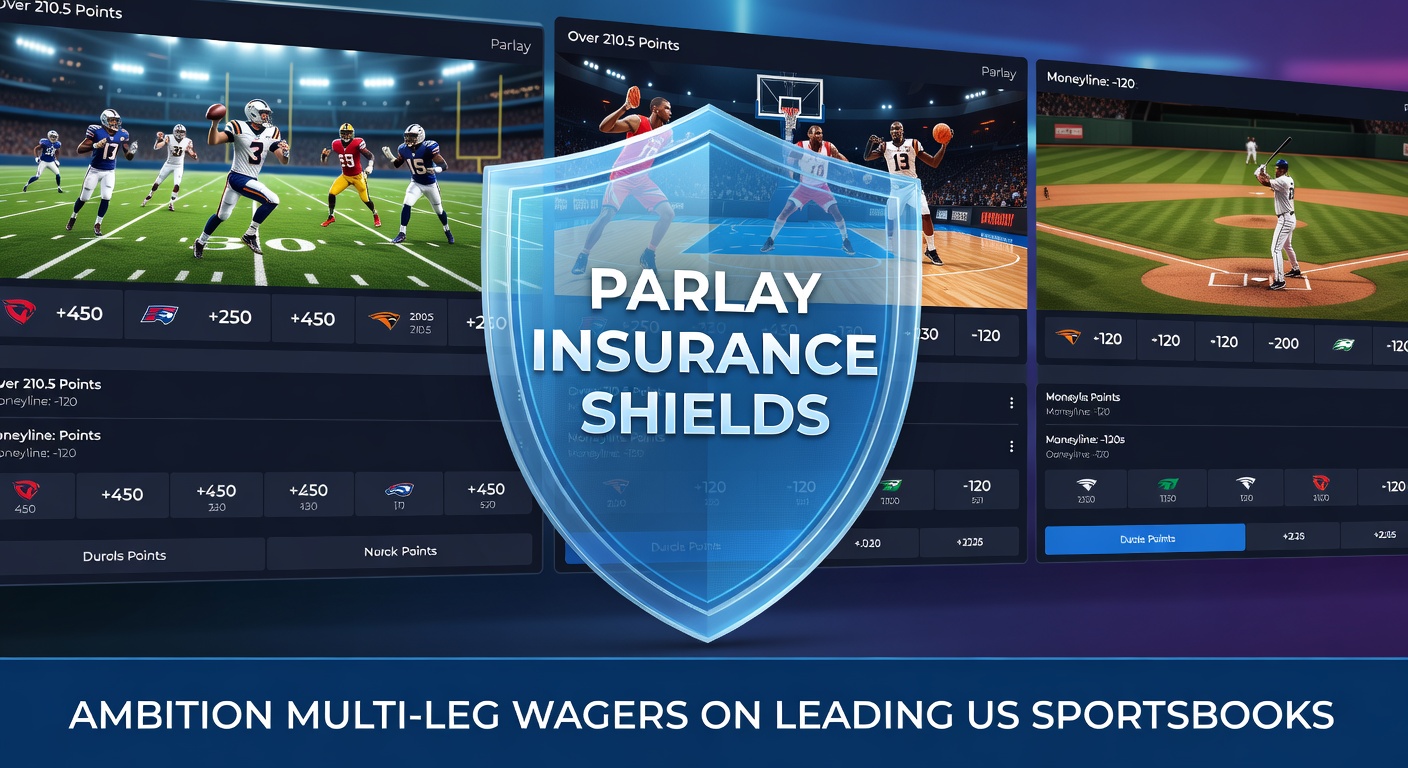 Digital graphic showing a multi-leg parlay bet structure with an insurance shield icon protecting all but one leg on a sportsbook interface