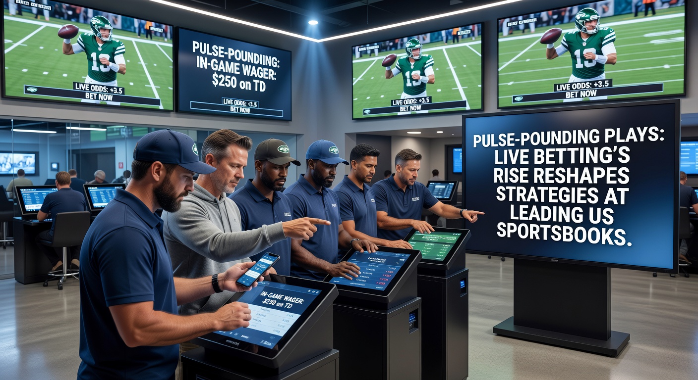 Bettors analyzing live odds on tablets during a live NFL game, with sportsbook screens showing shifting lines