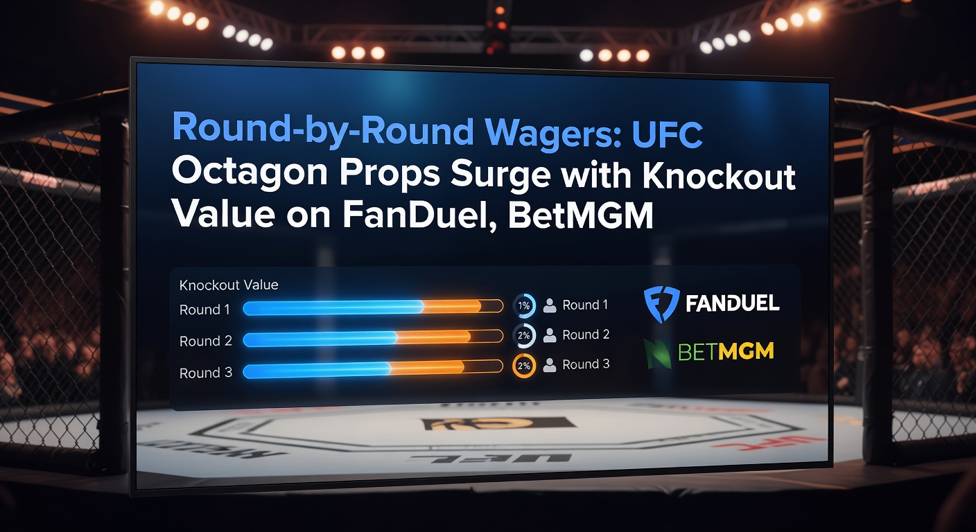 UFC fighters in the octagon during a intense round, highlighting round-by-round betting action on sportsbooks like FanDuel and BetMGM