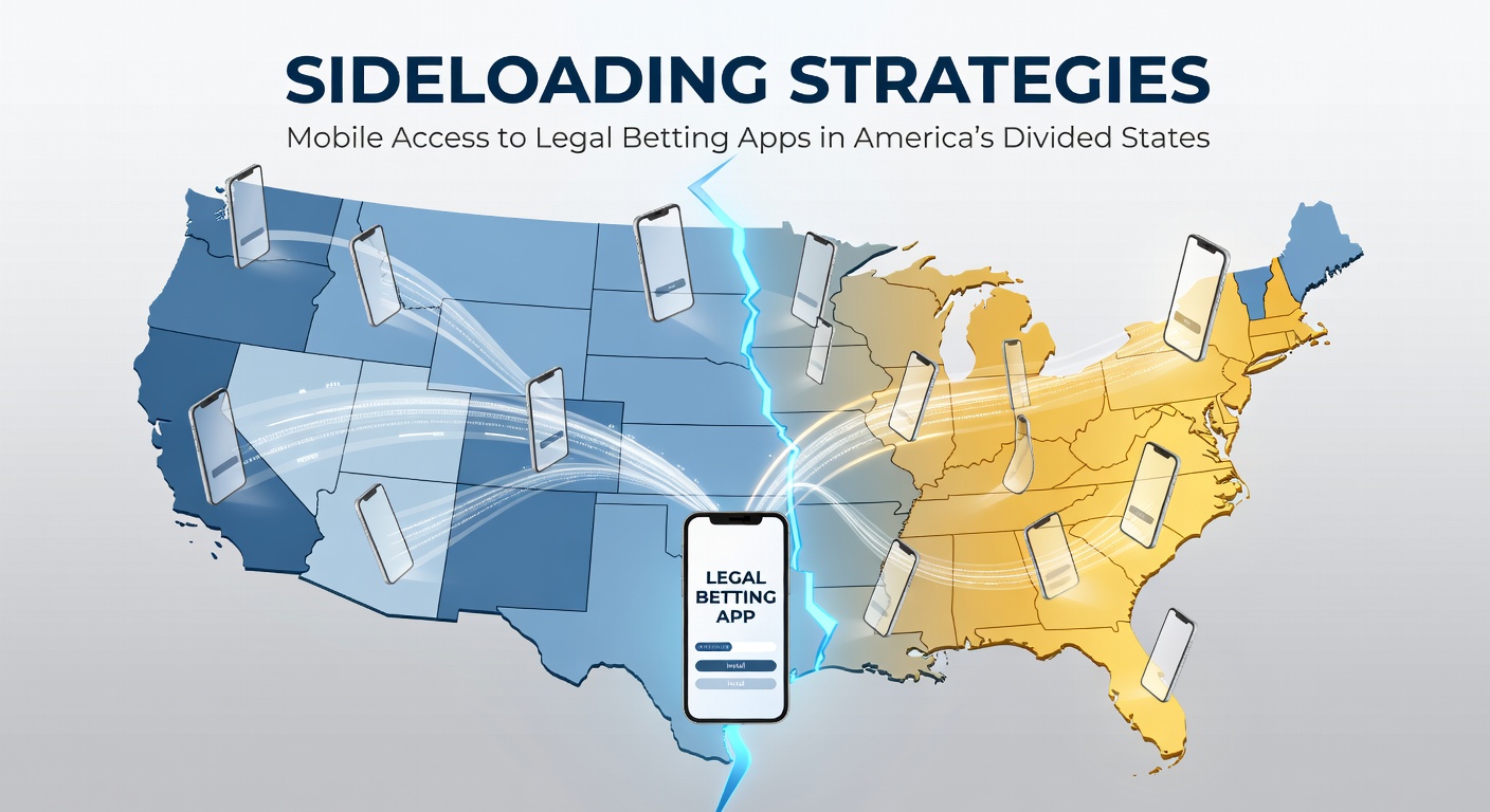 Smartphone displaying a sideloading process for a betting app on a map of US states with varying legal statuses