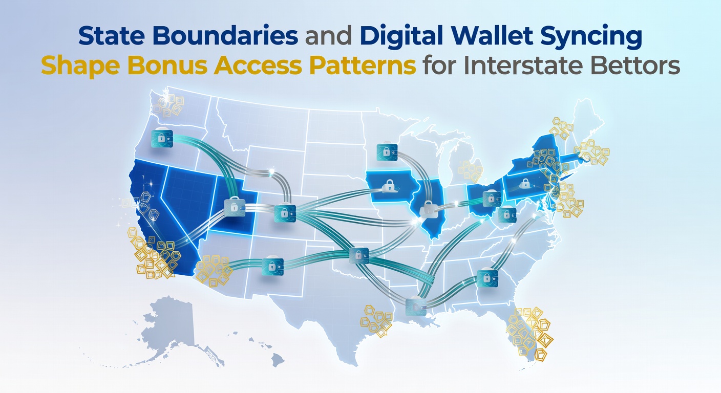 Map overlay showing state boundaries intersecting with digital wallet icons and bonus offer symbols across US regions