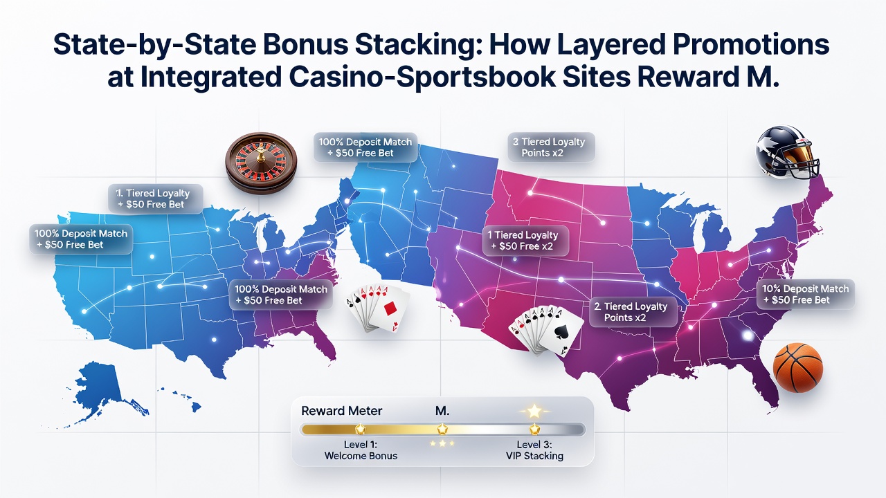 State regulatory map highlighting differences in bonus stacking rules for casino and sportsbook operators