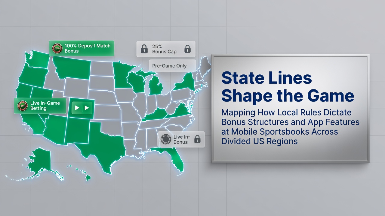 Map showing US state borders and mobile sportsbook availability differences across regions