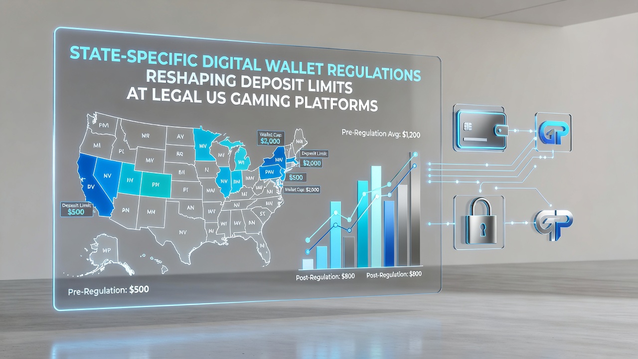 Illustration showing various US state maps overlaid with digital wallet icons and deposit limit symbols at gaming platforms