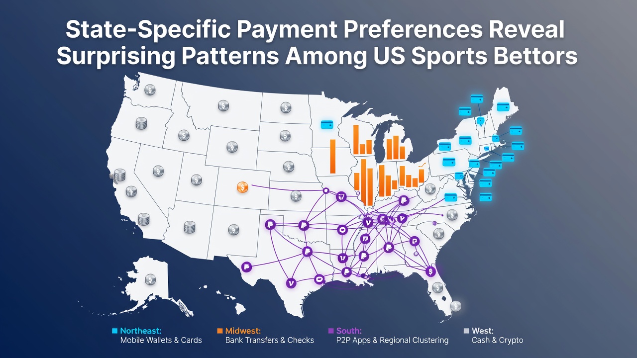Map of the United States showing varied sports betting payment preferences by state with icons for credit cards, digital wallets, and crypto
