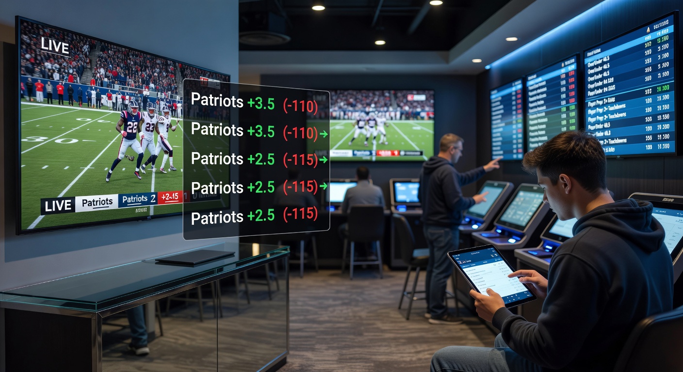 US sportsbook interface displaying real-time odds adjustments during a live NFL broadcast
