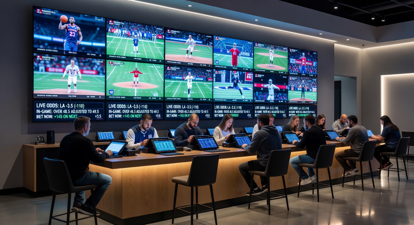 Analyst team at a major US sportsbook monitoring multiple live sports broadcasts and adjusting in-game betting markets