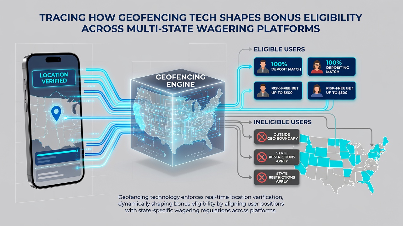 User interface showing geofence status and eligible bonuses on a multi-state betting app