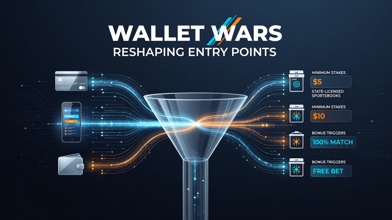 Digital wallet interfaces displayed on mobile screens alongside sportsbook deposit screens showing varying minimum stake amounts