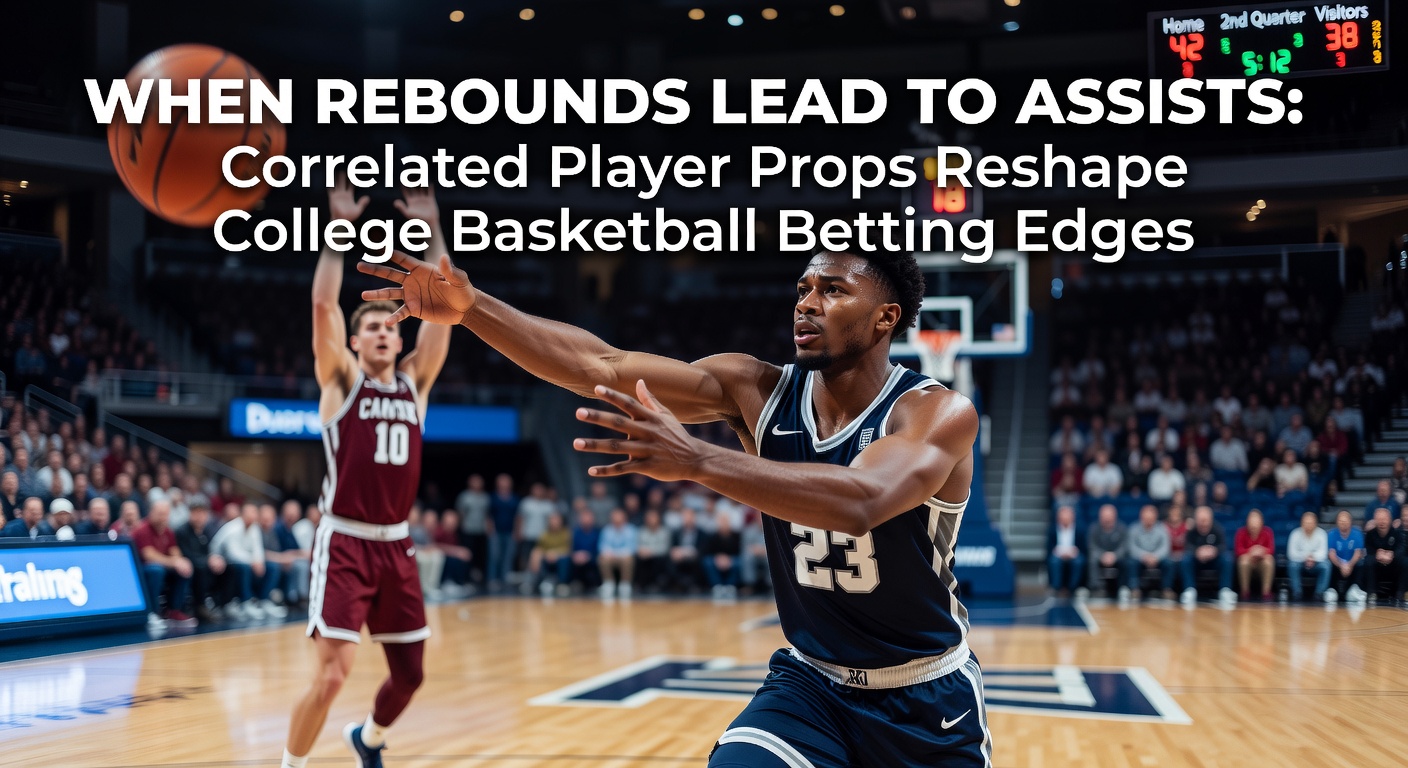 College basketball player securing a rebound and dishing an assist during a fast break, highlighting prop bet correlations