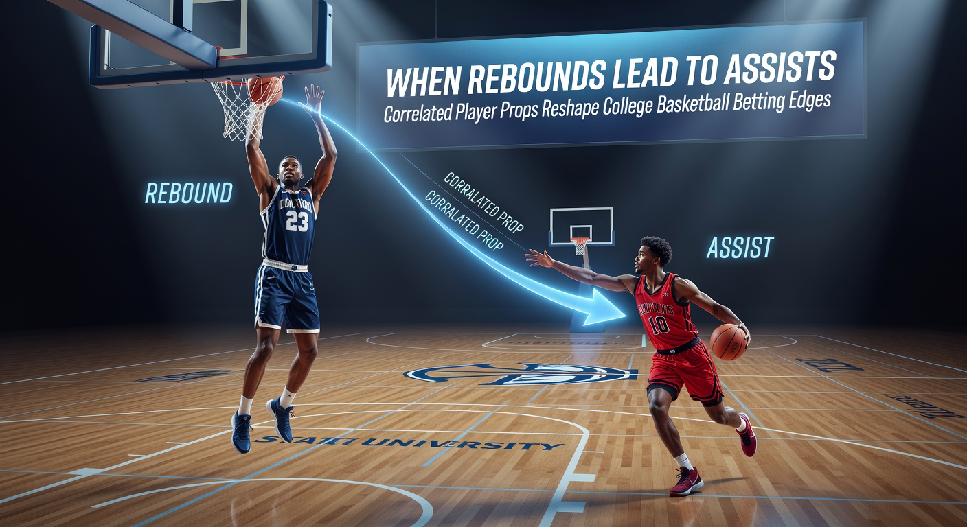 Data visualization of rebound-to-assist correlations in college basketball games, with charts showing success rates and betting edges